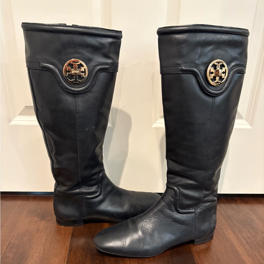 Tory Burch black leather riding boots with gold logo. Size 8 1/2